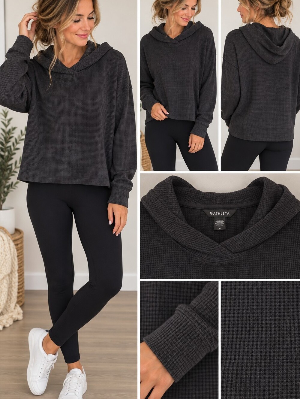 🆕️ Athleta Charcoal Waffle-Knit Hooded Pullover Size Medium